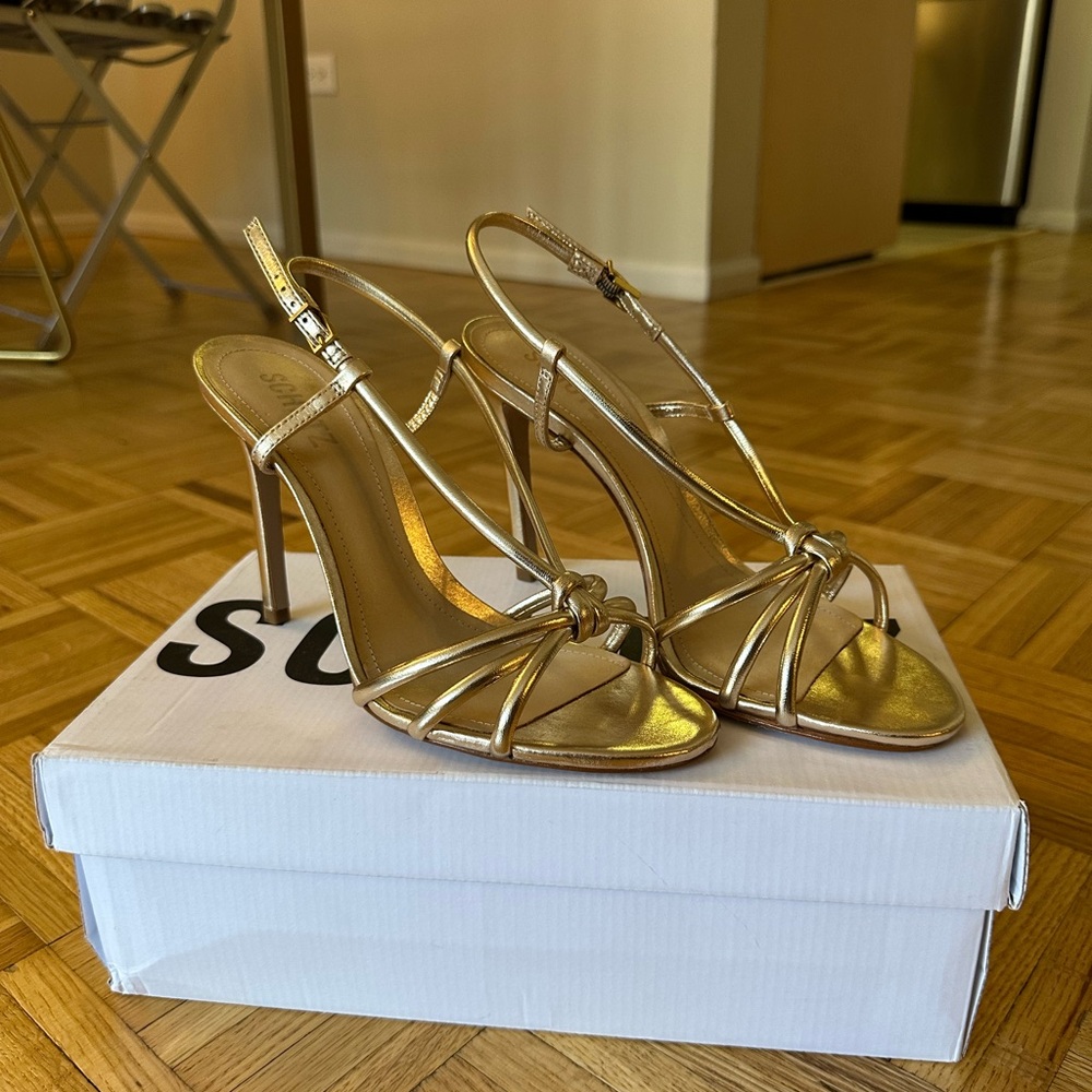 SCHUTZ Gold Stiletto Heels with Strappy Design NWT!